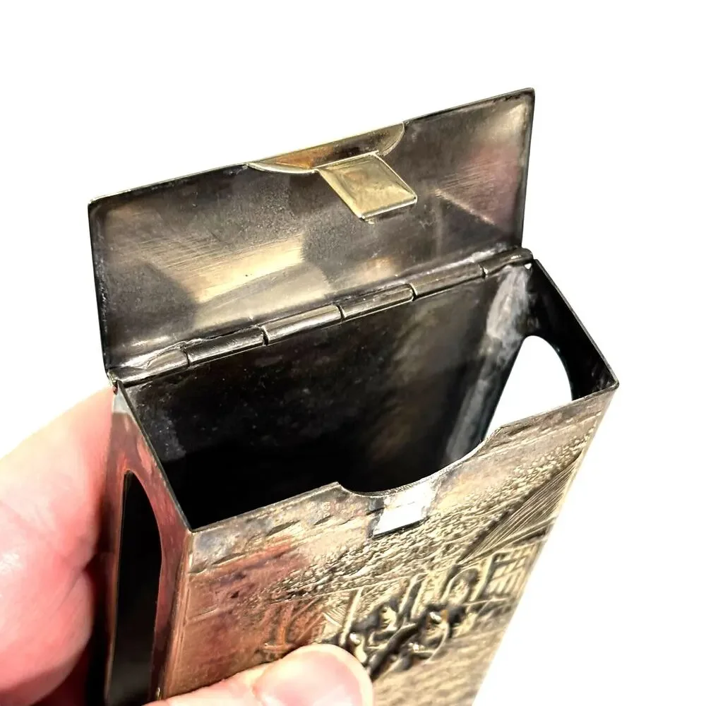 Vintage hallmarked Denmark silver metal match box cover hinged lid village scene